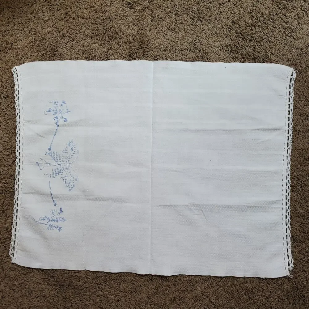 Vintage Hand Towel White w/ Blue Butterfly Embroidery Cross Stitch 17x22 Inch